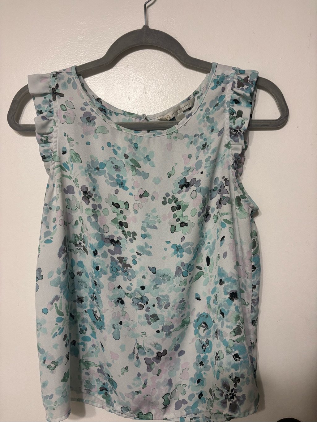 Lc Lauren Conrad Floral Watercolor Ruffle Sleeve Shell - White With Blue & Mint